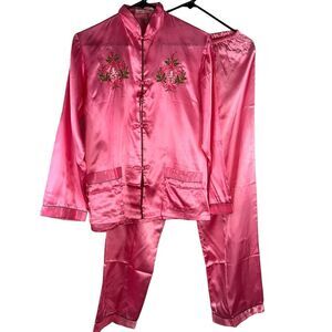 New Vintage Longevity Pink Satin Chinese Pajama Set Large Embroidered